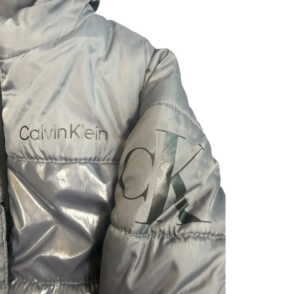 Calvin Klein Jeans Puffer Jacket Baby 12M Silver Metallic Hooded CK Logo Coat